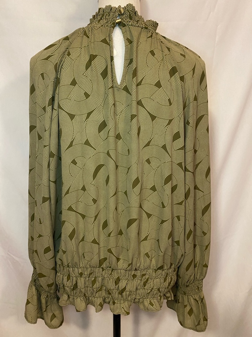 Worthington Olive Green Abstract-Print Long-Sleeve Smocked Blouse - Picture 7 of 12